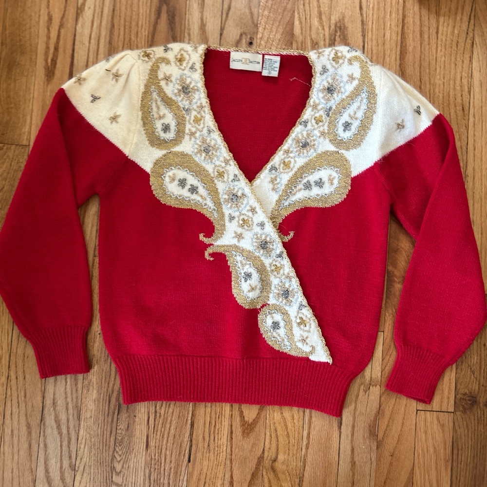 Jaclyn Smith Red and Cream V-Neck Sweater